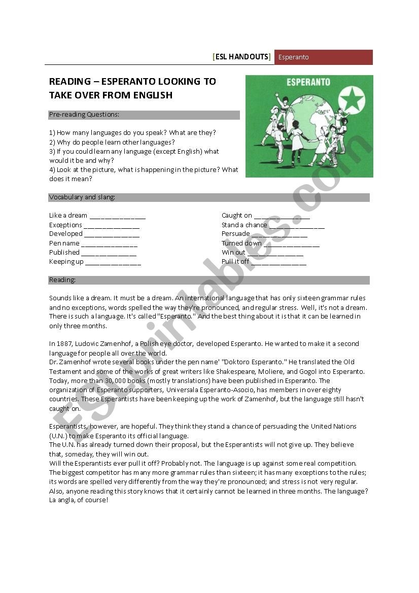 Esperanto ESL Worksheet By Pyes Esperanto ESL Worksheet By Pyes