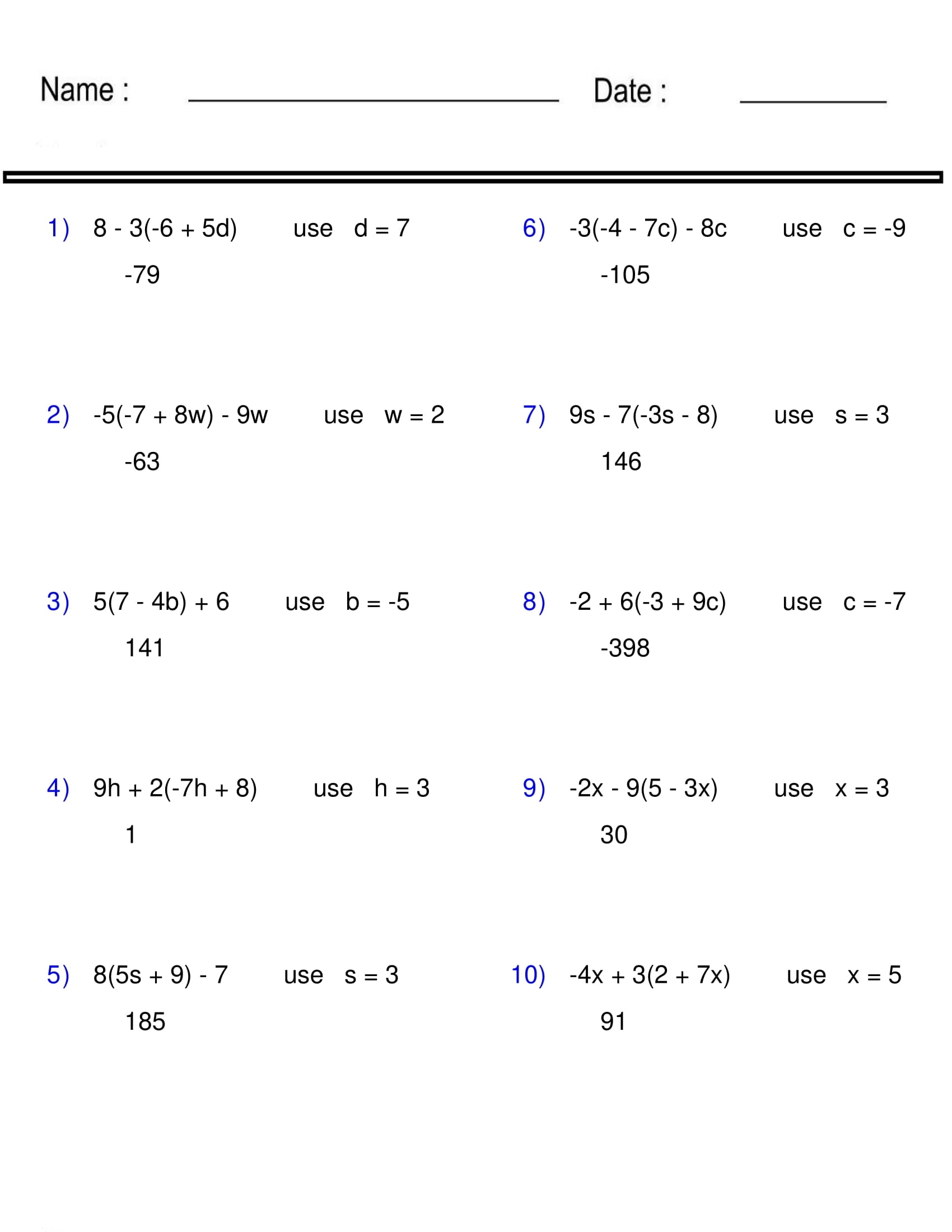 Evaluating Algebraic Expressions Worksheet One Variable Pre Algebra Evaluating Algebraic Expressions Worksheet One Variable Pre Algebra