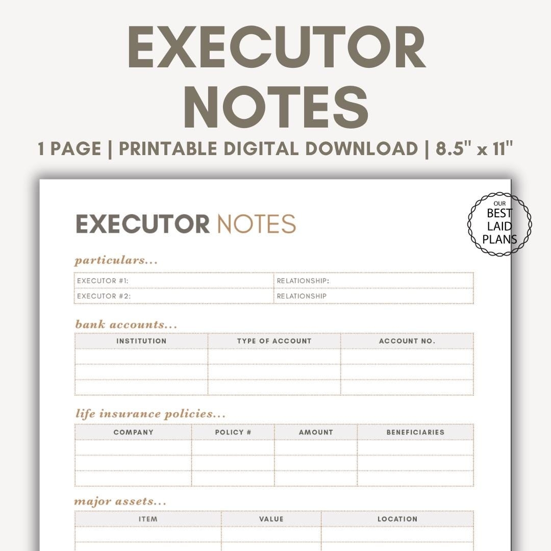 Executor Notes Printable PDF Estate Executor Notes Will Executor Notes Digital Download Estate Planning Printable Life Planning Printable Etsy