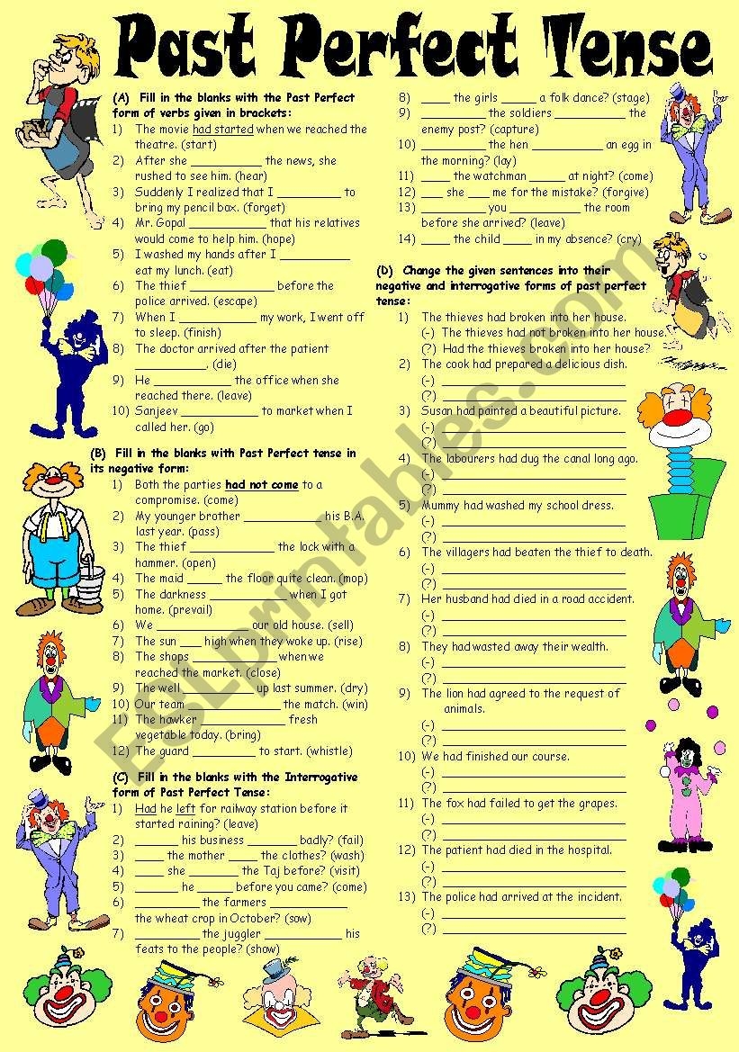 Past Perfect Tense Worksheets Printable Past Perfect Tense Worksheets Printable
