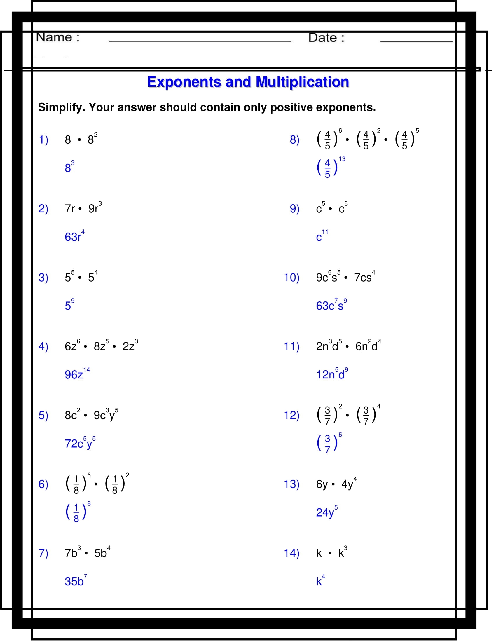 Exponents With Multiplication Algebra 1 Exponents Worksheets Made By Teachers Exponents With Multiplication Algebra 1 Exponents Worksheets Made By Teachers