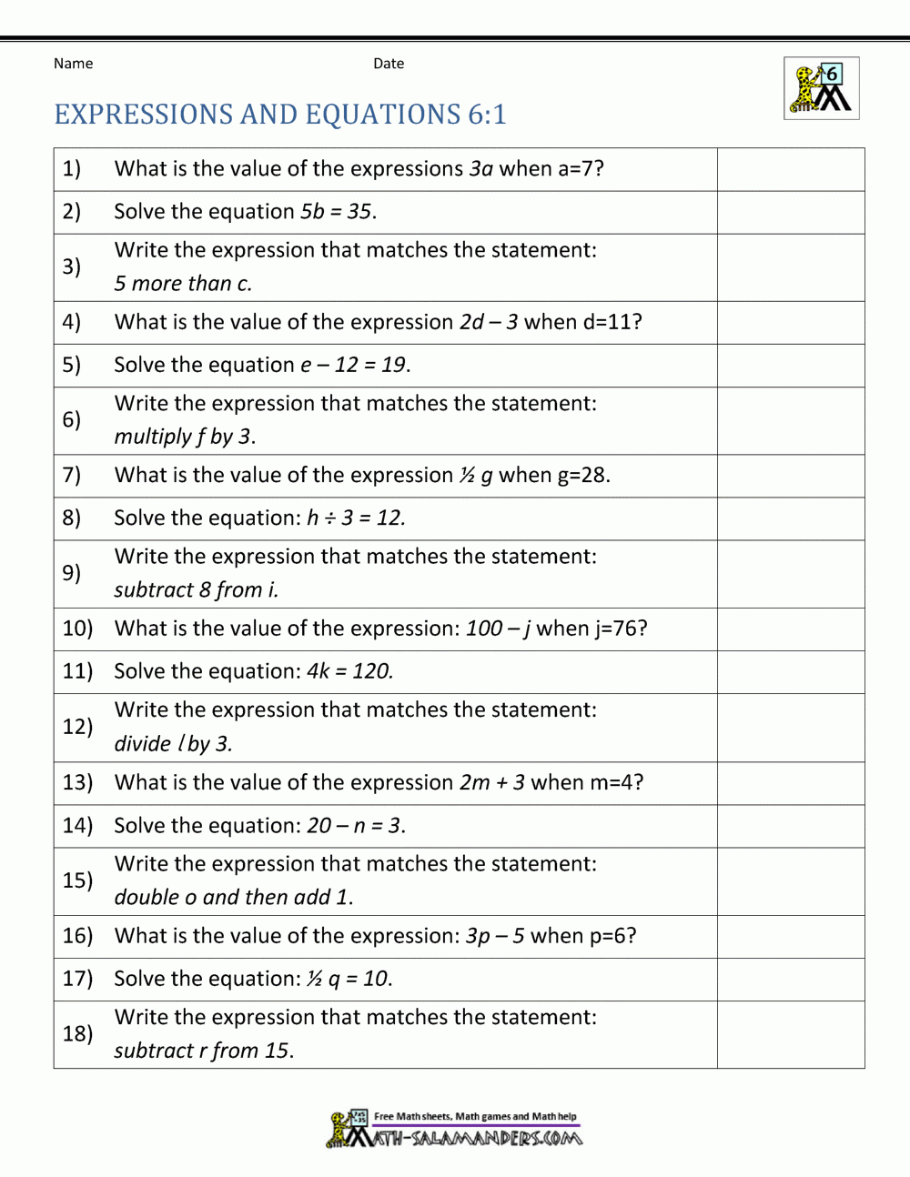 Free Printable Algebraic Expressions Worksheets