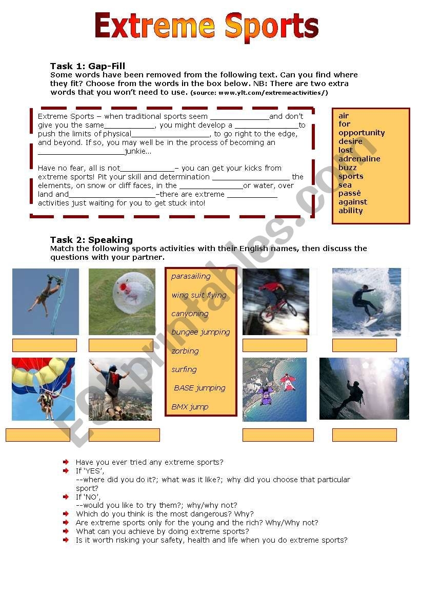 Extreme Sports Reading Comprehension Worksheets