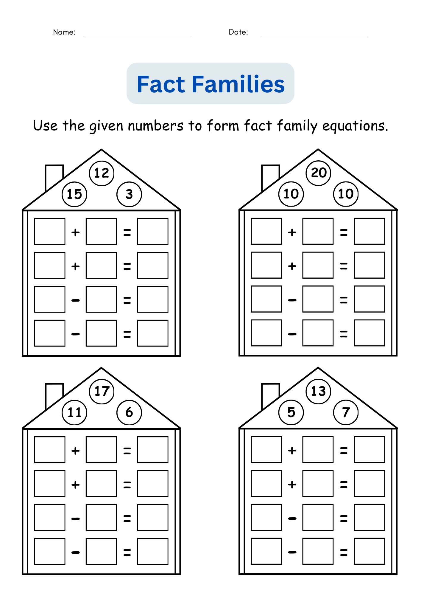 Fact Families Addition And Subtraction Number Math Worksheets For Grade 1 2 3