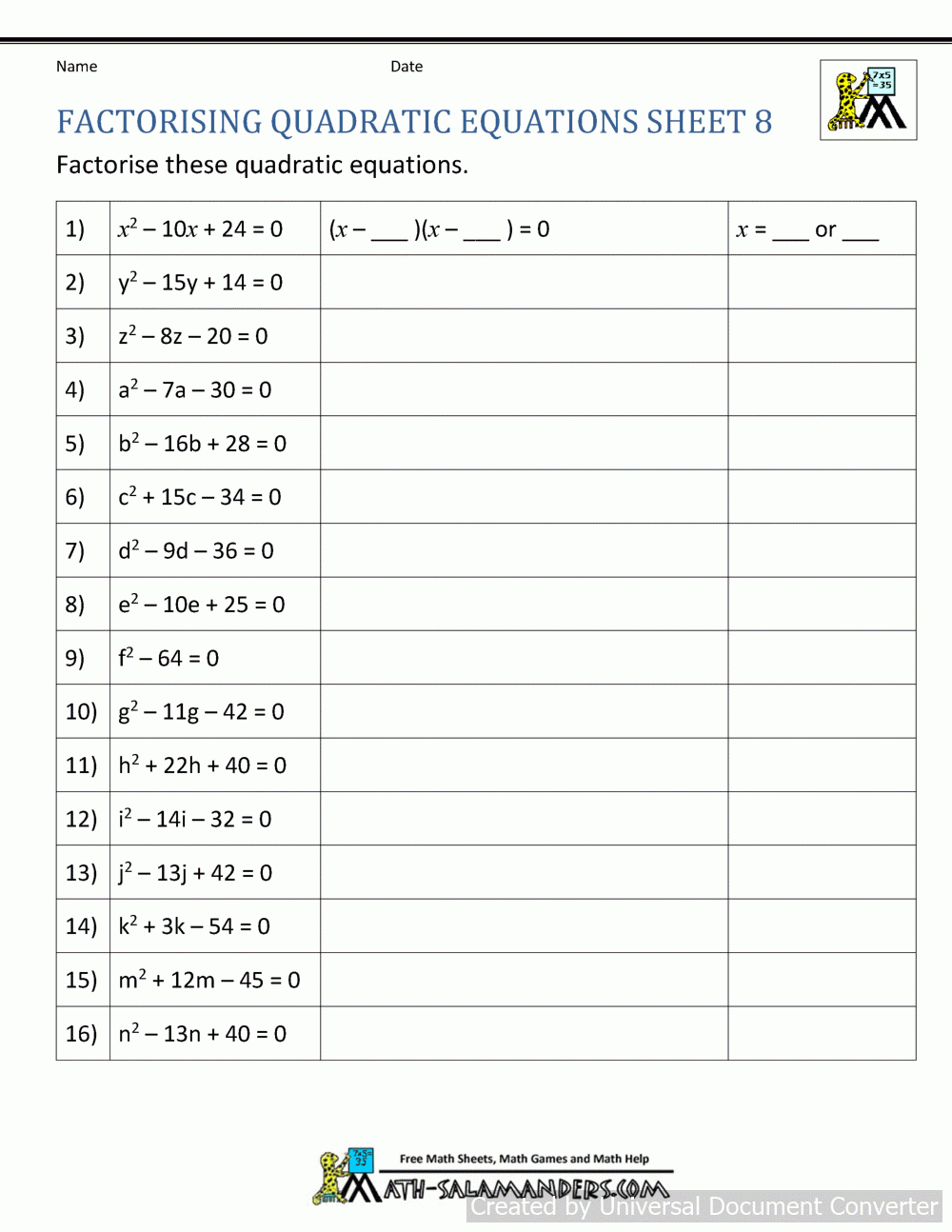Factoring Quadratic Equations