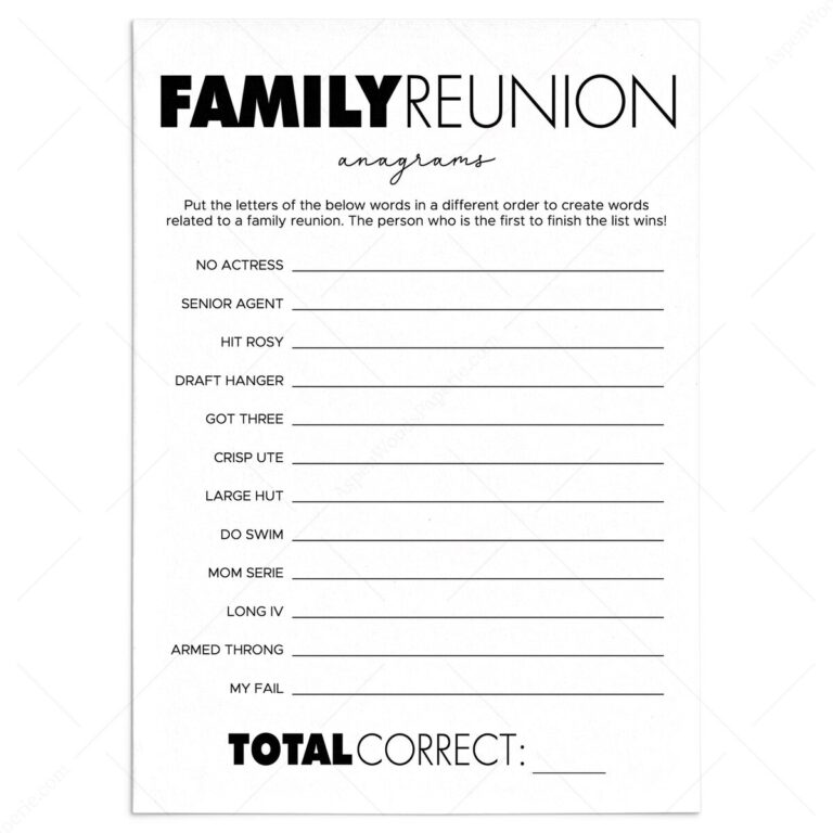 Family Reunion Anagrams Game Printable Black And White Theme