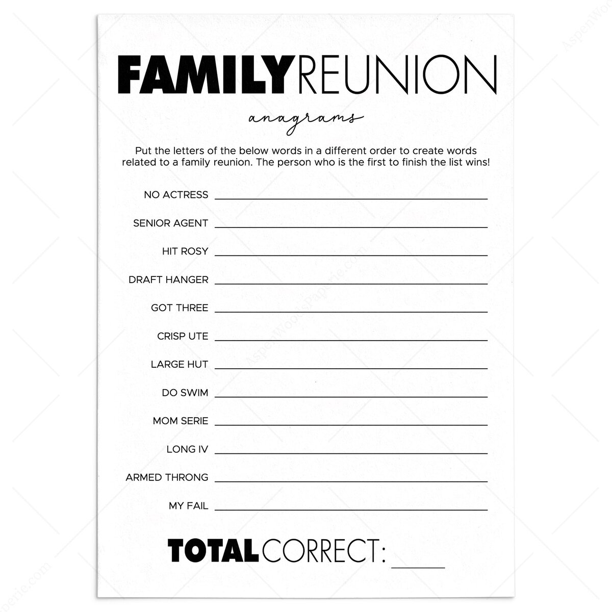 Family Reunion Anagrams Game Printable Black And White Theme Family Reunion Anagrams Game Printable Black And White Theme