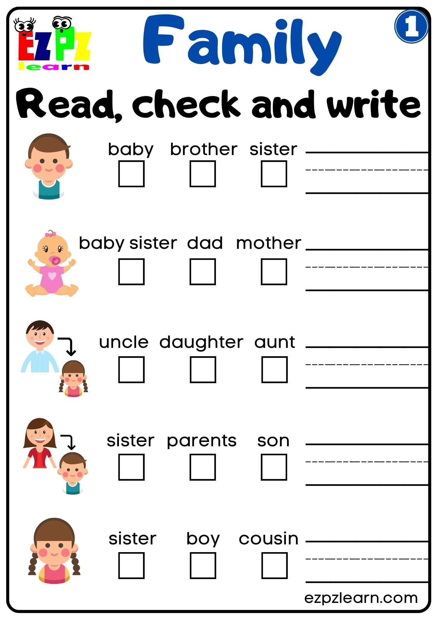 Family Vocabulary Read Check And Write Activity For K5 Students Family Vocabulary Read Check And Write Activity For K5 Students