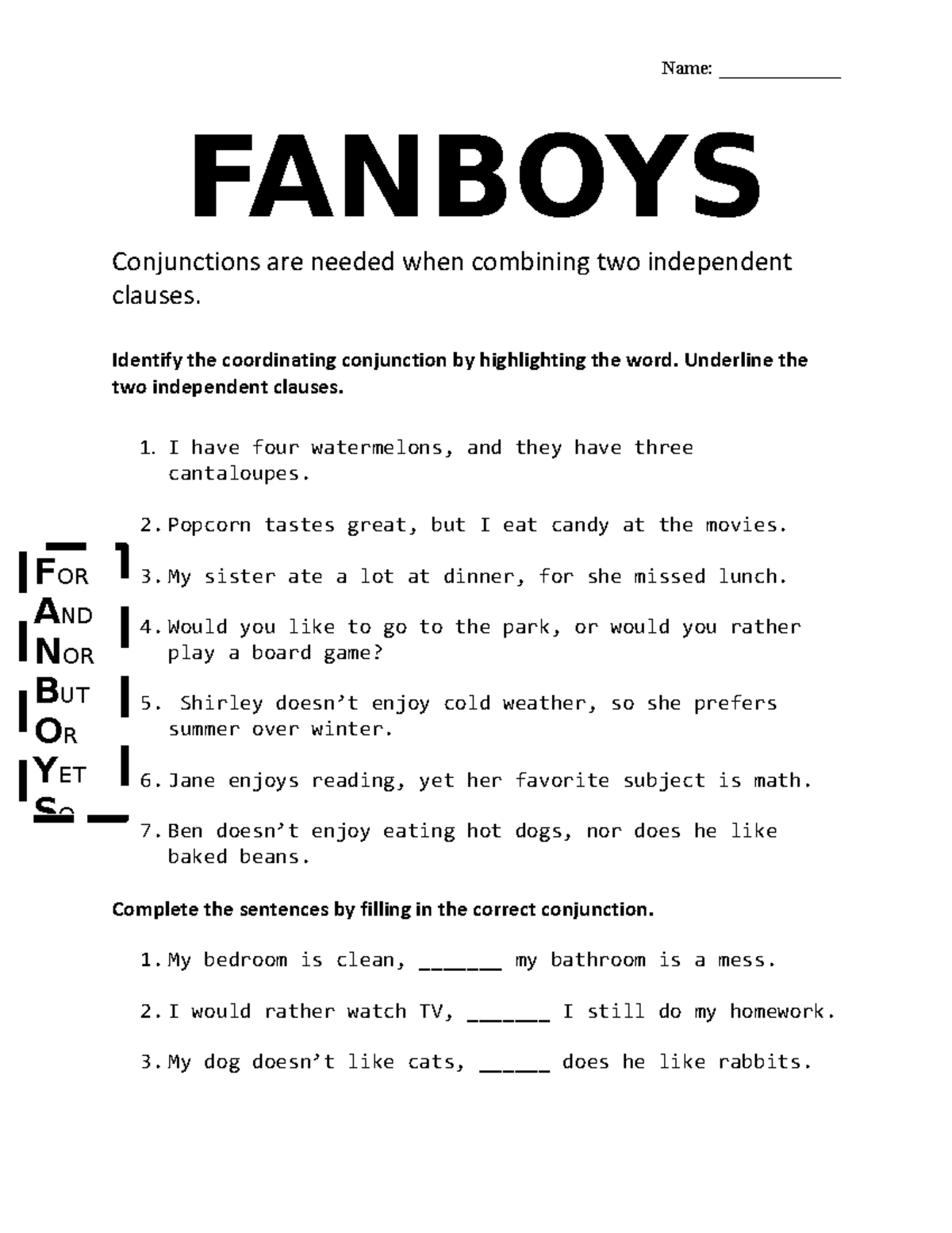 FANBOYS Conjunctions Worksheet For Grammar Practice Studocu FANBOYS Conjunctions Worksheet For Grammar Practice Studocu