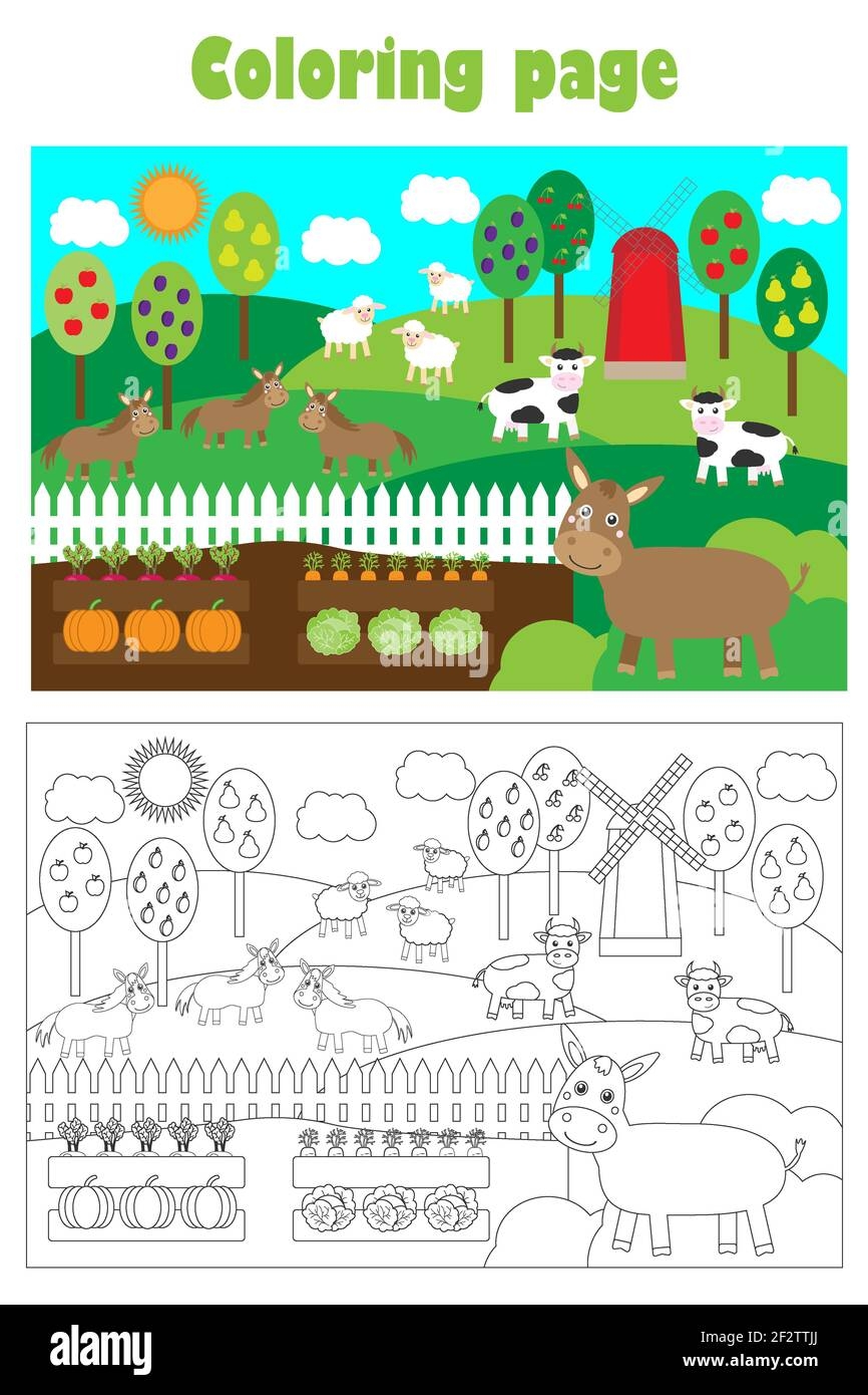 Farm Animals And Garden Cartoon Style Coloring Page Education Paper Game For The Development Of Children Kids Preschool Activity Printable Stock Photo Alamy