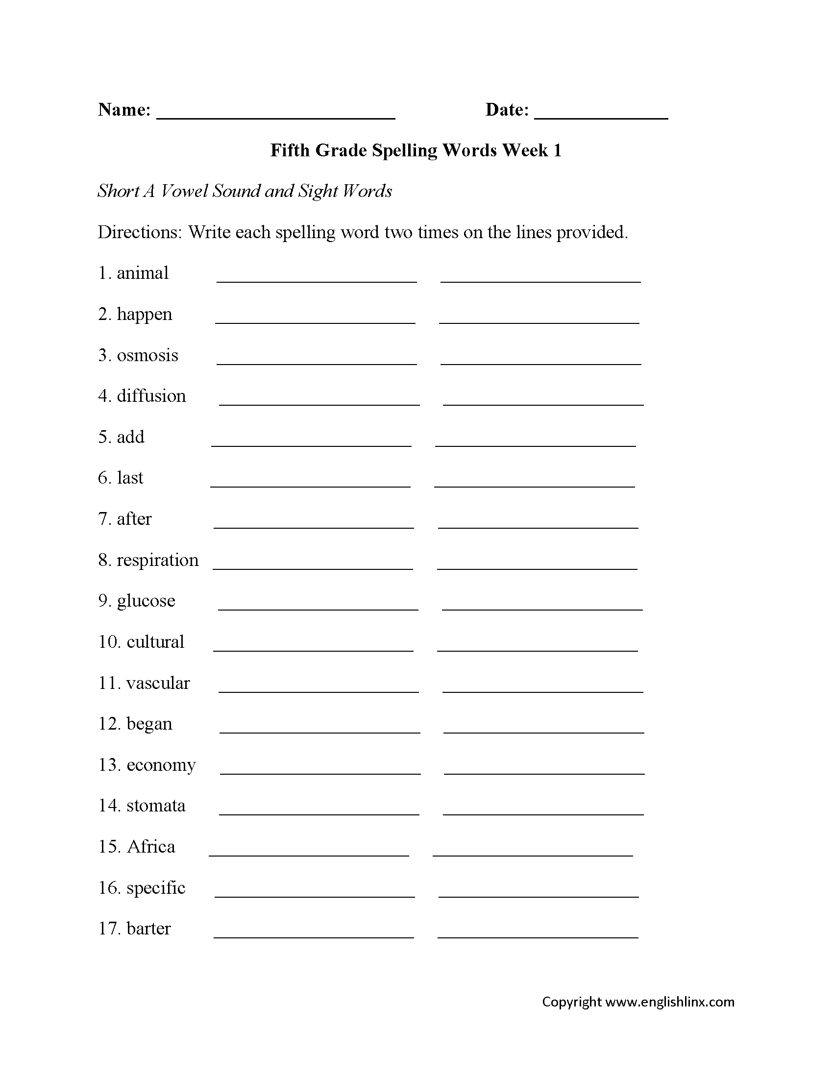 Fifth Grade Spelling Worksheets Printable Word Lists Weekly Practice