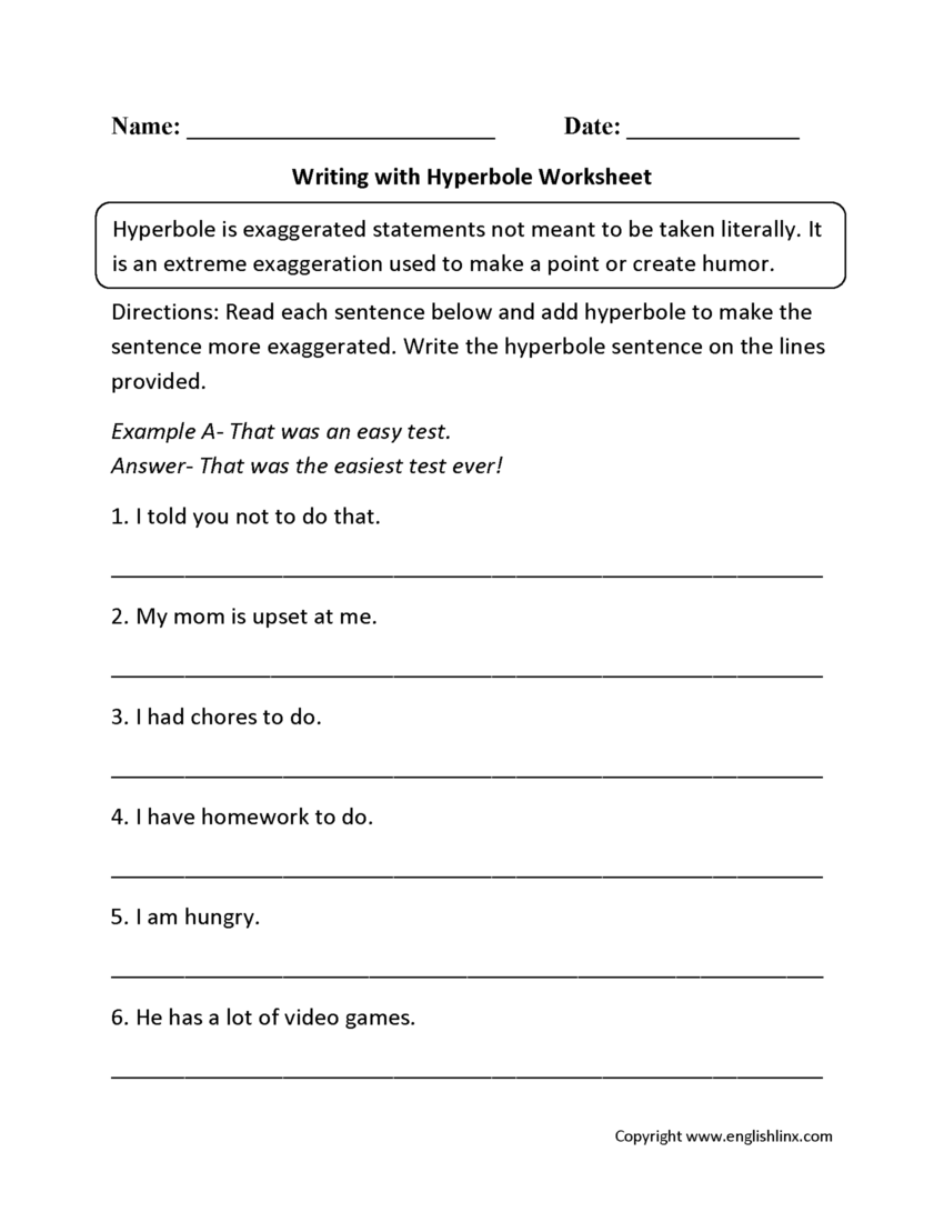 Figurative Language Worksheets Hyperbole Worksheets