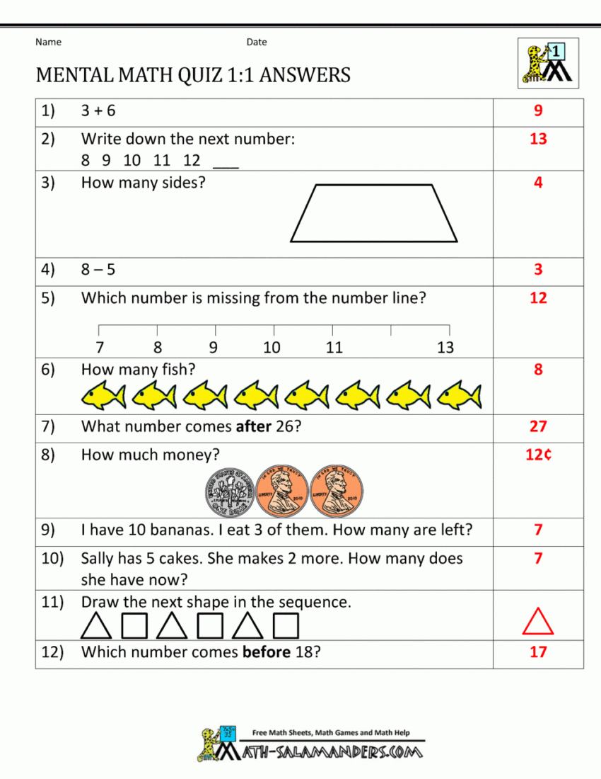 First Grade Mental Math Worksheets