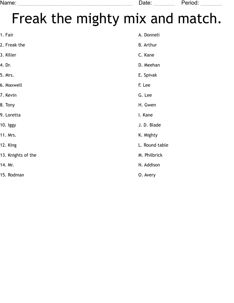Freak The Mighty Mix And Match Worksheet WordMint