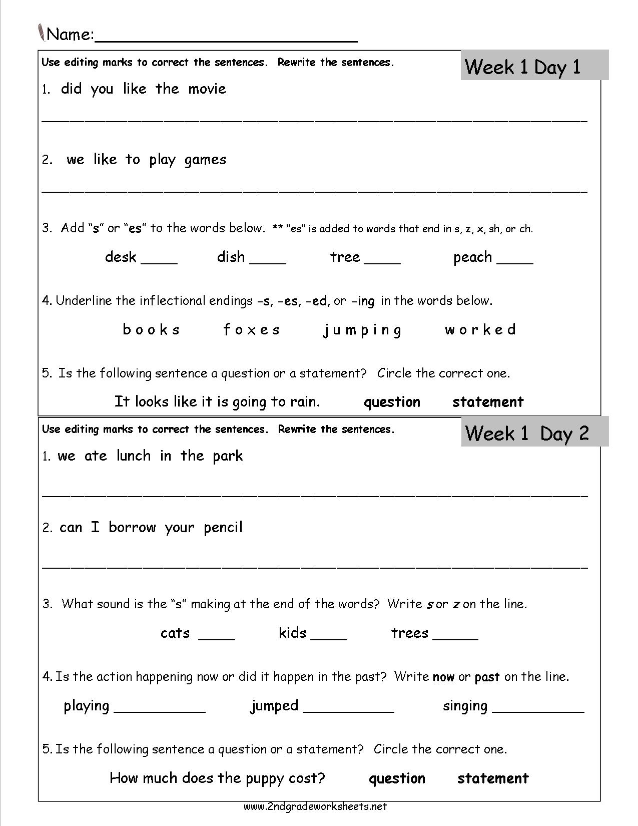 Free Printable Grammar Worksheets 2nd Grade