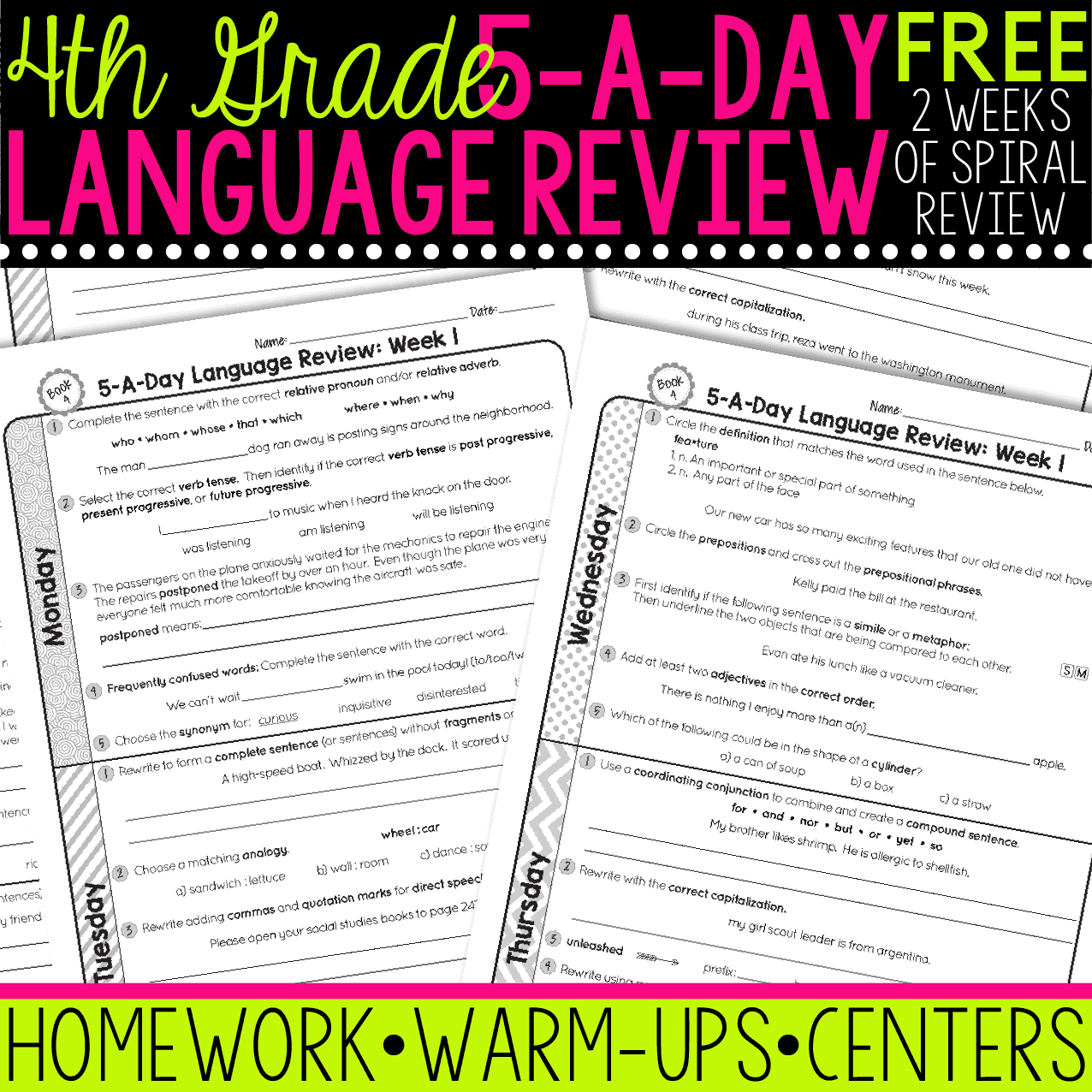 FREE 4th Grade Daily Language Spiral Review Teacher Thrive