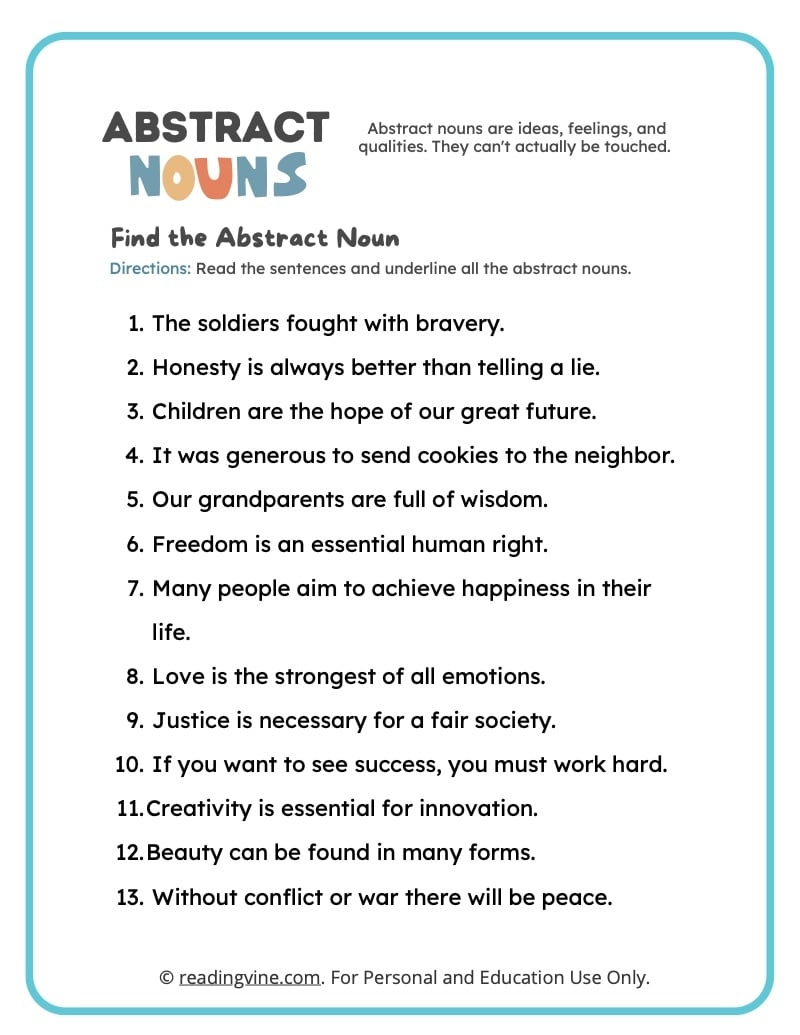 Abstract Nouns Third Grade Worksheets Printable