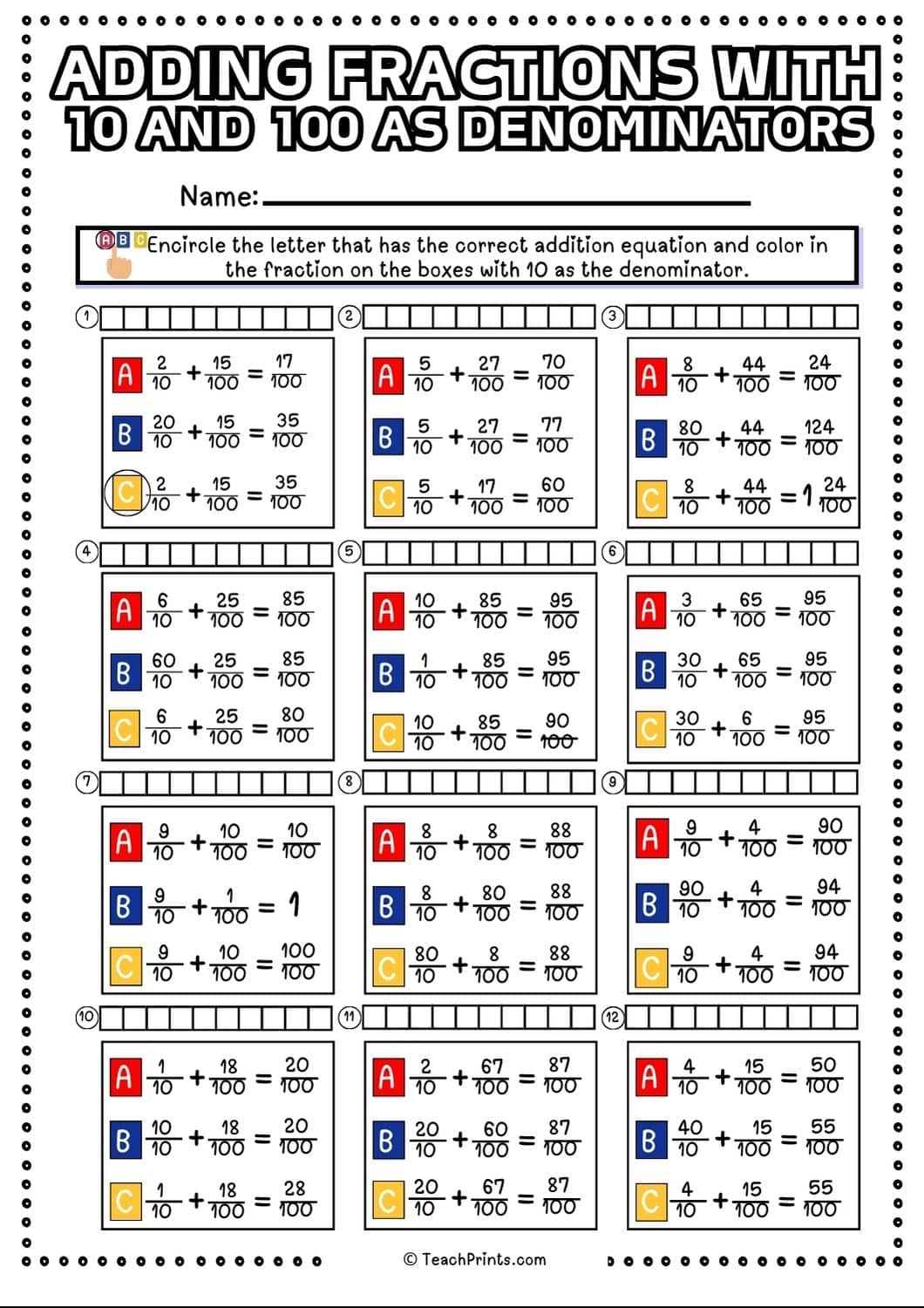 Free Adding Fractions With 10 And 100 As Denominators Worksheets 
