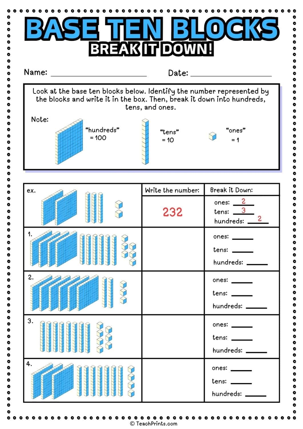 Free Printable Base Ten Blocks Worksheets