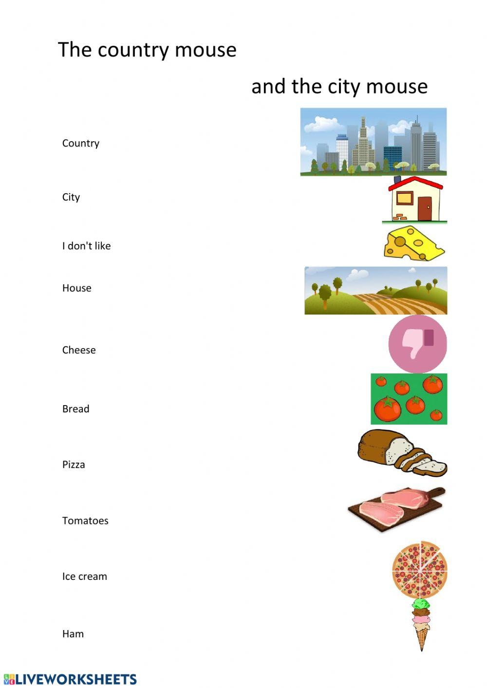 City Mouse Country Mouse Printable Worksheets