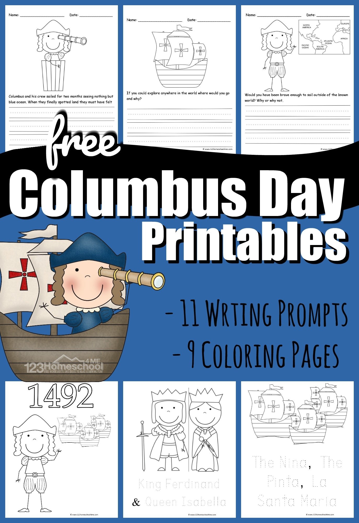FREE Columbus Day Coloring Pages Writing Prompt Worksheets FREE Columbus Day Coloring Pages Writing Prompt Worksheets