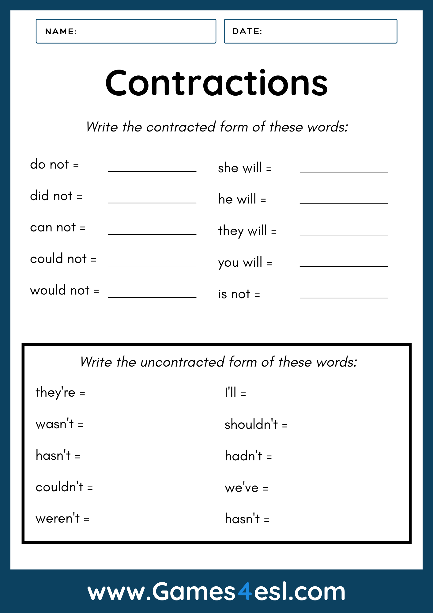 Printable Contraction Worksheets For First Grade Printable Contraction Worksheets For First Grade
