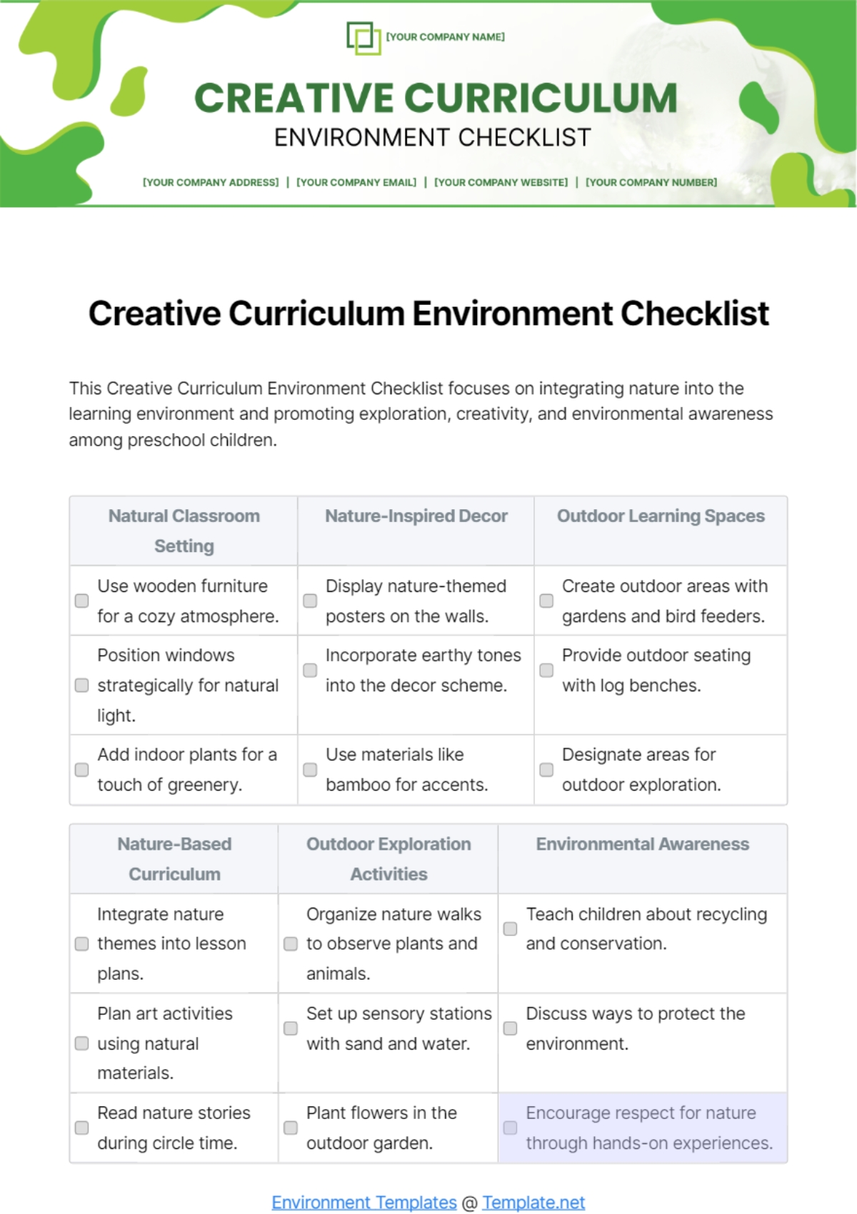 Free Creative Curriculum Environment Checklist Template To Edit Online