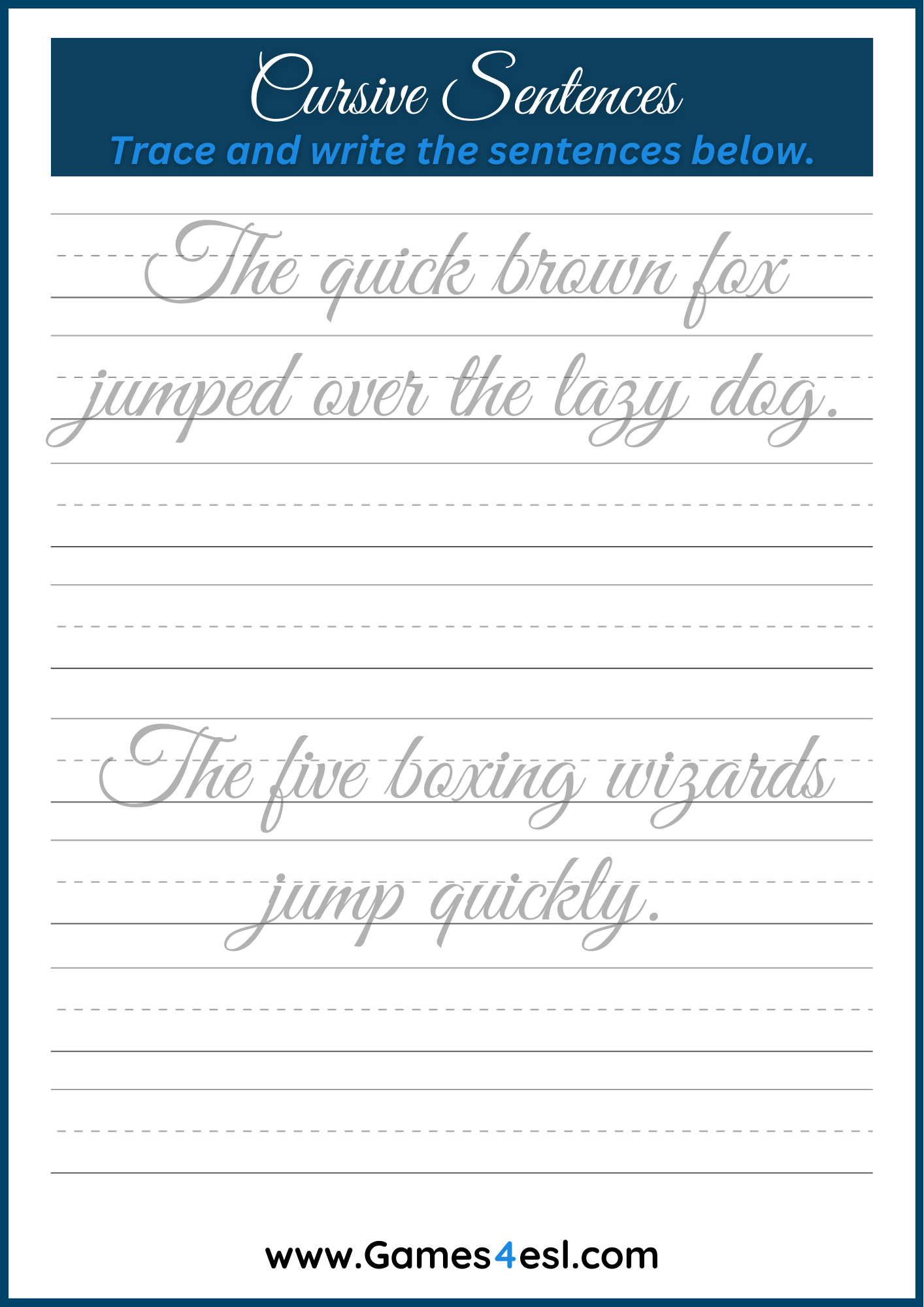 Free Cursive Writing Worksheets To Practice Writing Cursive Letters Games4esl