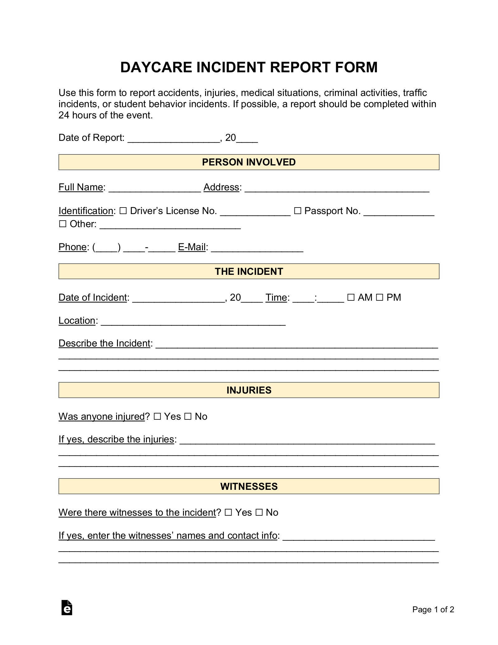 Free Daycare Incident Report Form PDF Word EForms Free Daycare Incident Report Form PDF Word EForms
