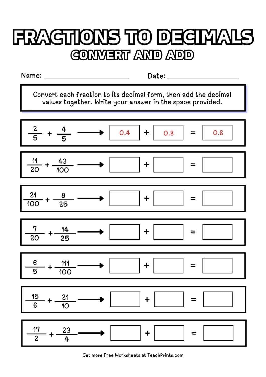 Printable Worksheets Fractions To Decimals
