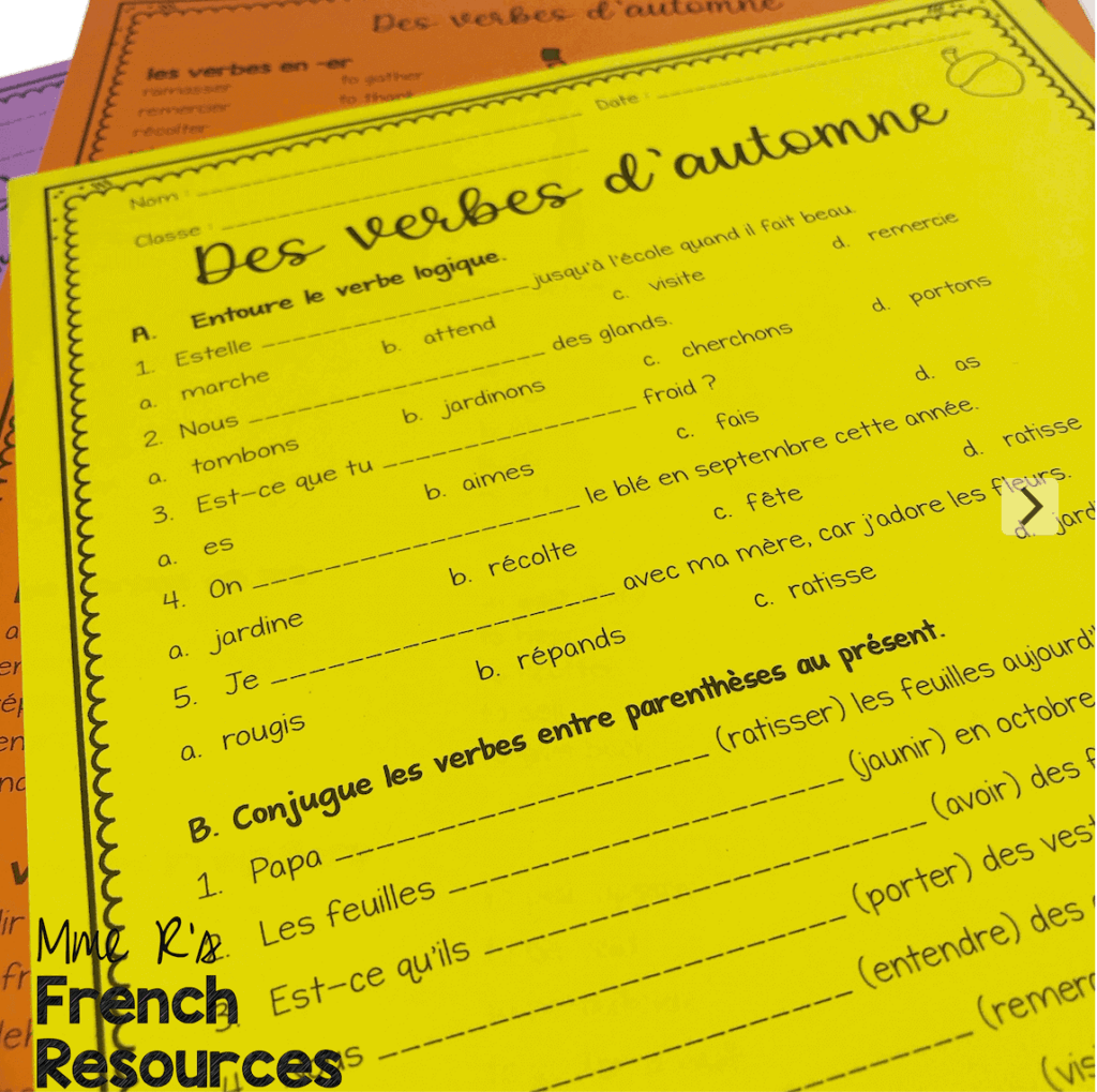 Free French Verb Worksheets For Fall Mme R s French Resources