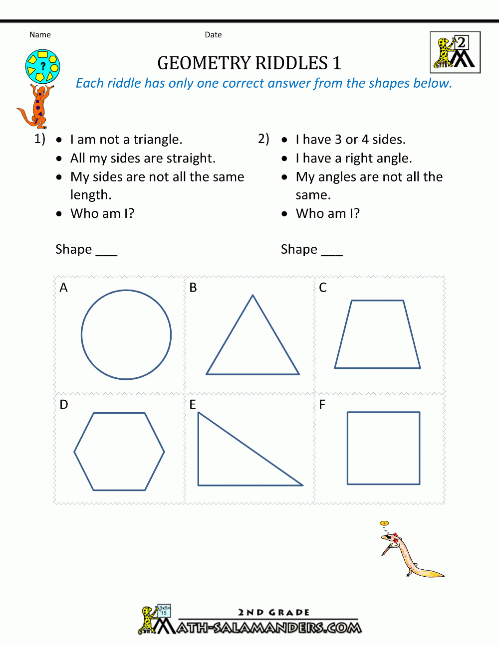 Free Geometry Worksheets 2nd Grade Geometry Riddles Free Geometry Worksheets 2nd Grade Geometry Riddles