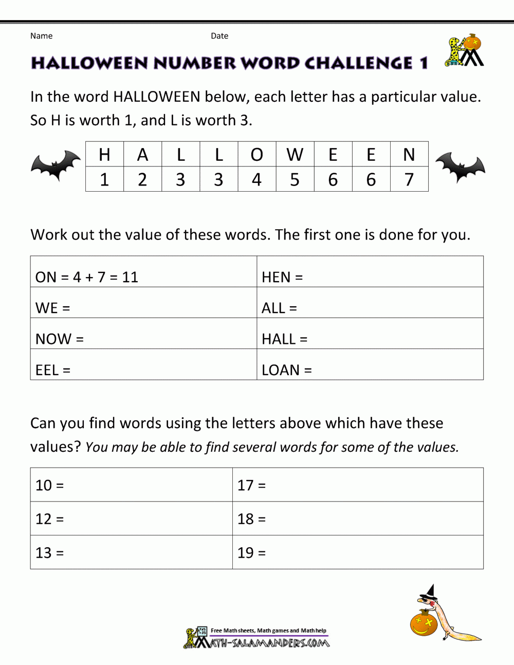 Free Halloween Math Worksheets Grade 3
