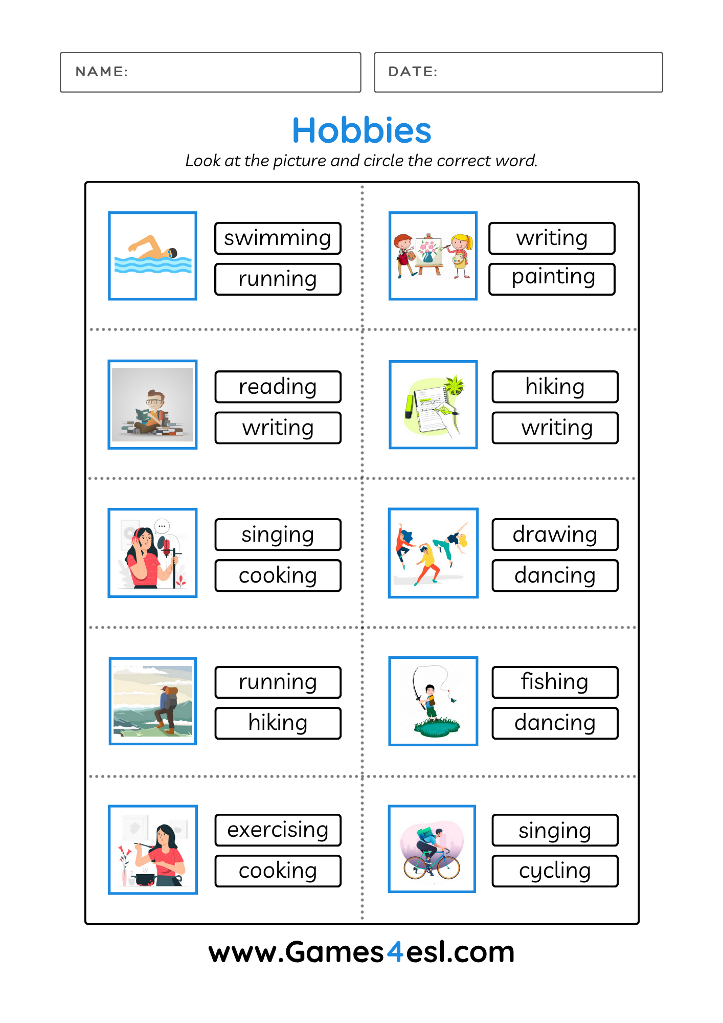 Free Hobbies Worksheets To Teach Free Time Activities Games4esl