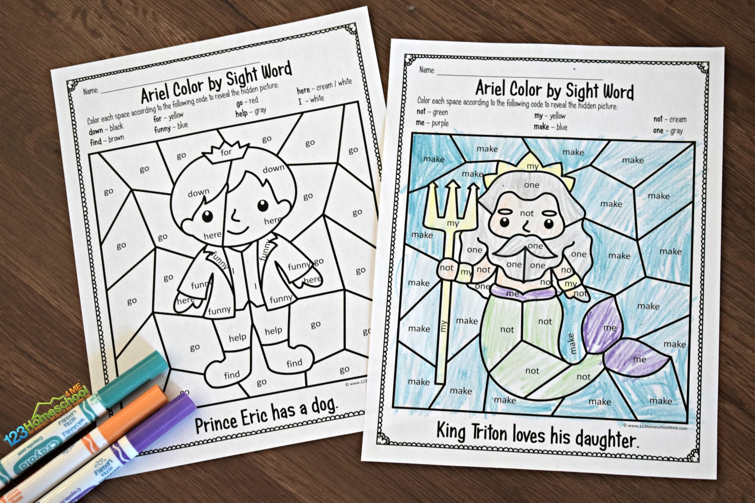  FREE Little Mermaid Color By Sight Word Worksheets