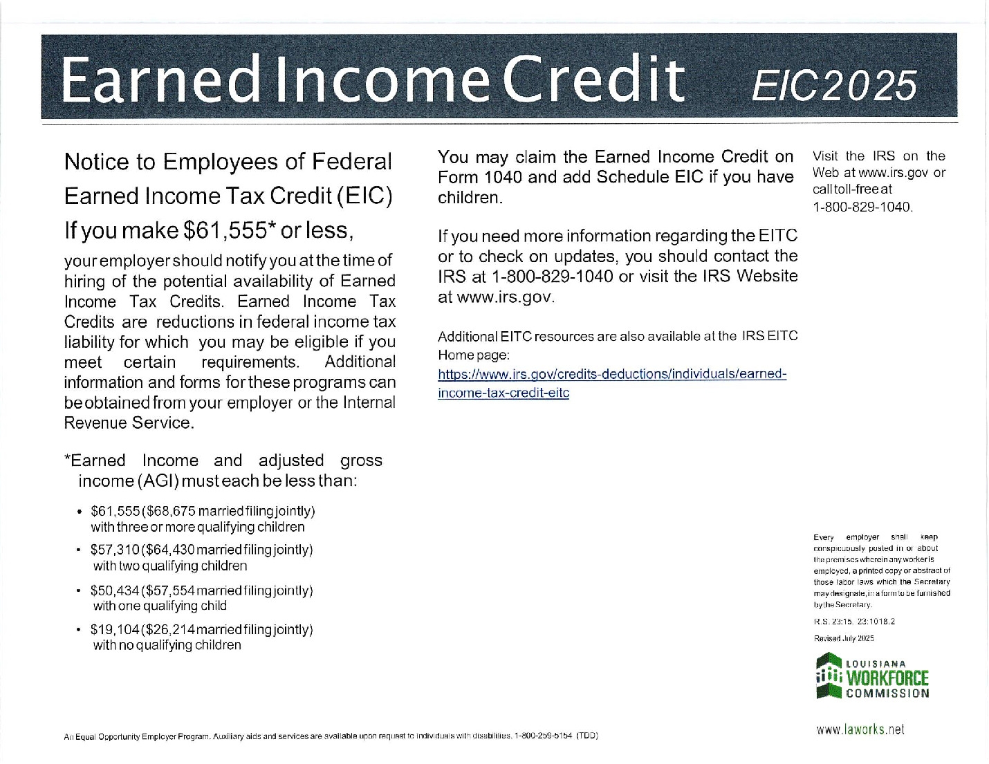 Free Louisiana Louisiana EIC Labor Law Poster 2026