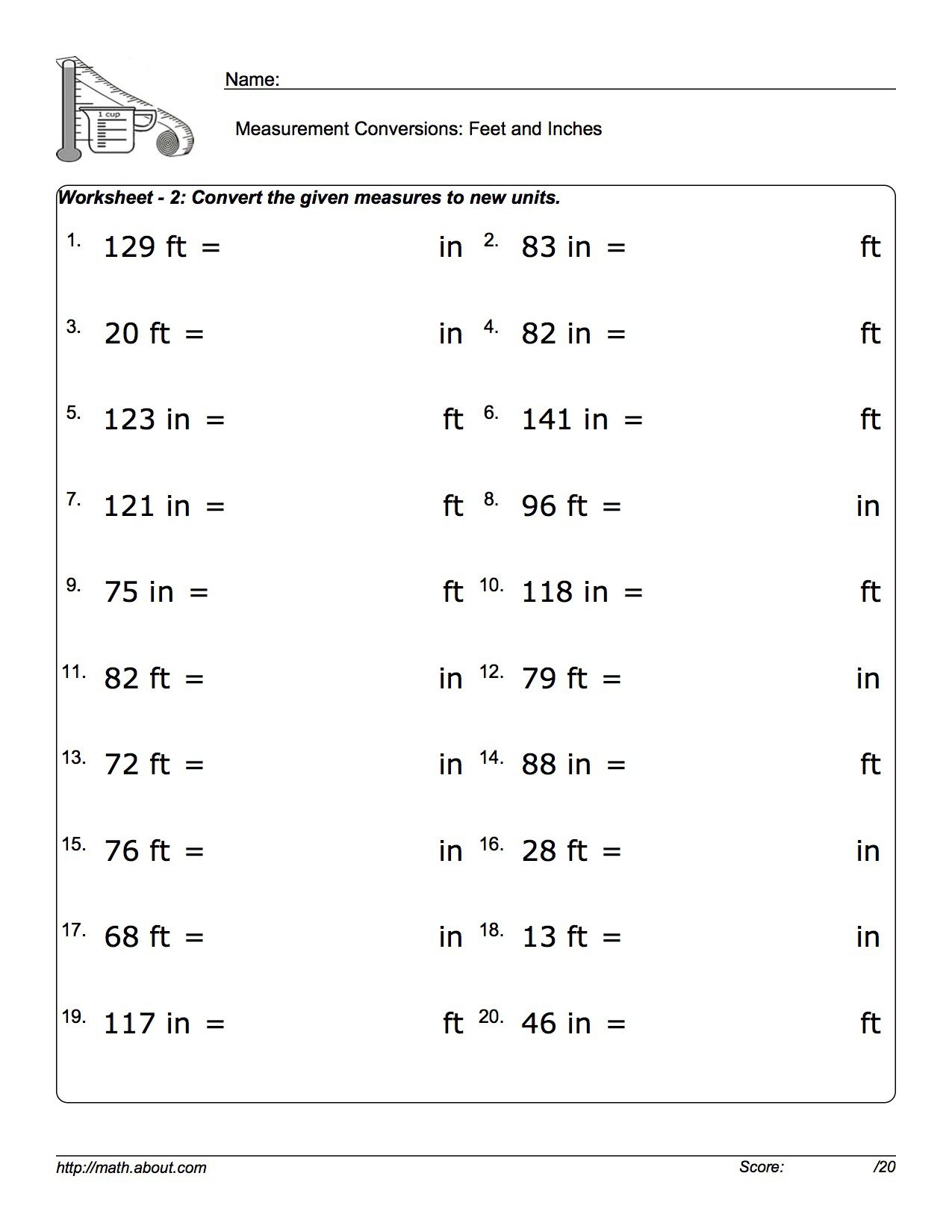 Free Measurement Conversion Worksheets Feet And Inches Worksheets Library