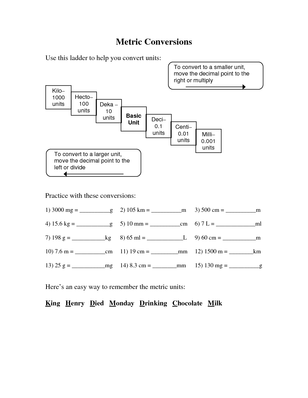 Free Metric Conversion Worksheets 7th Grade