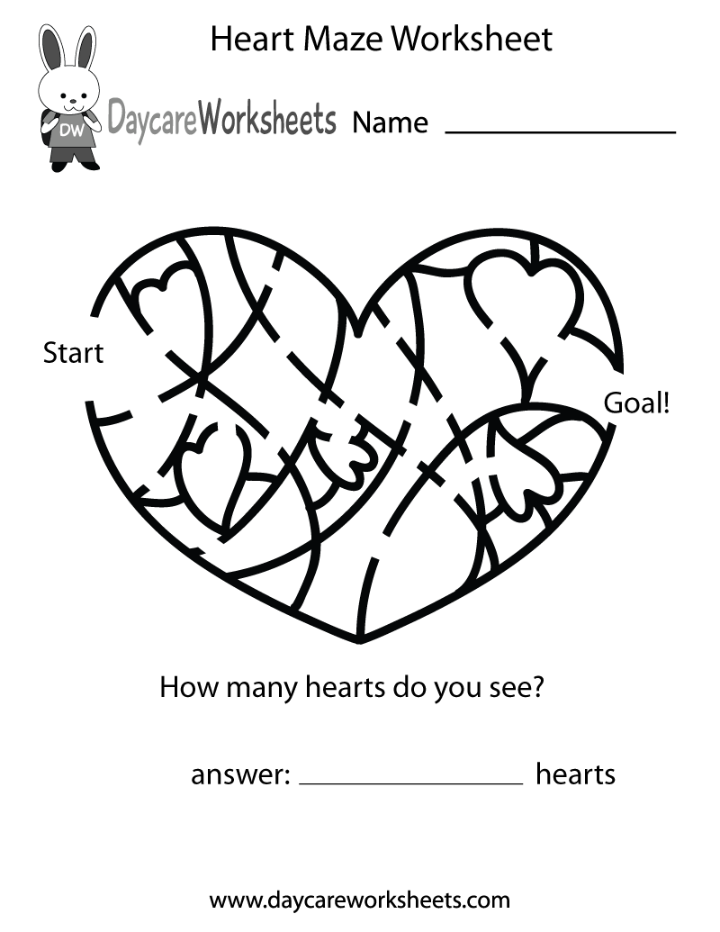 Free Preschool Heart Maze Worksheet