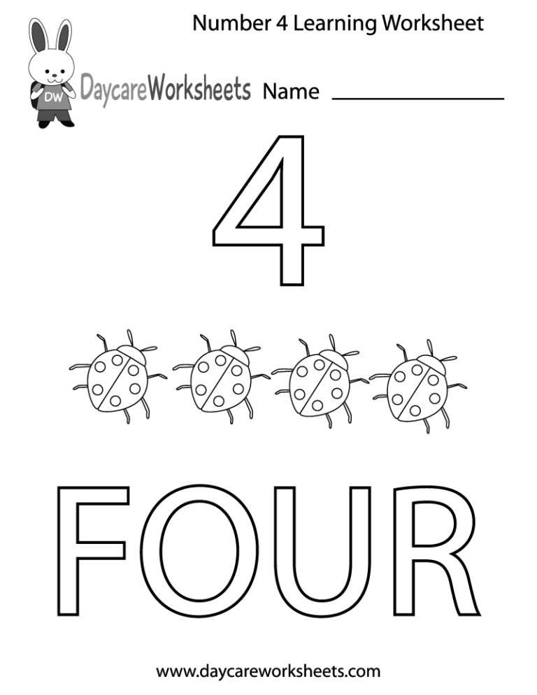 Free Preschool Number Four Learning Worksheet