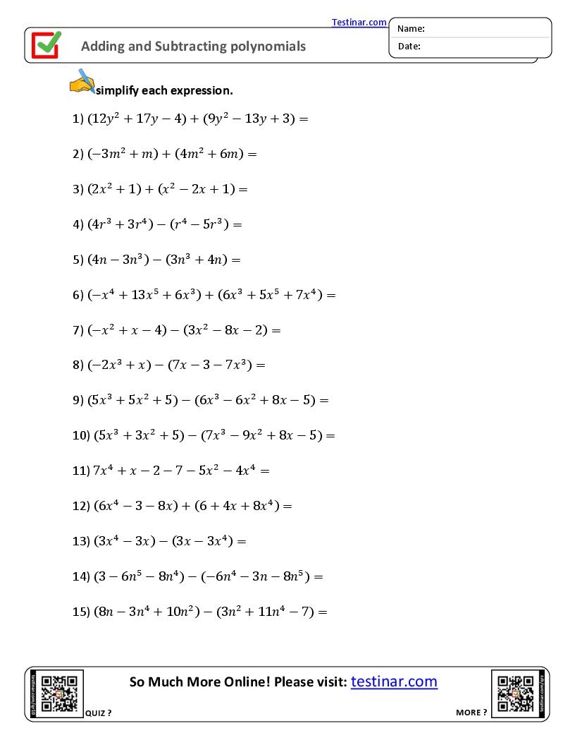 FREE Printable Adding And Subtracting Polynomials Worksheets FREE Printable Adding And Subtracting Polynomials Worksheets