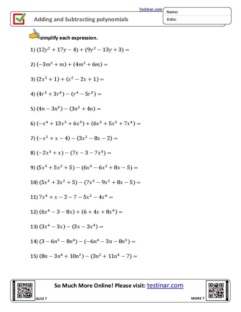 FREE Printable Adding And Subtracting Polynomials Worksheets 