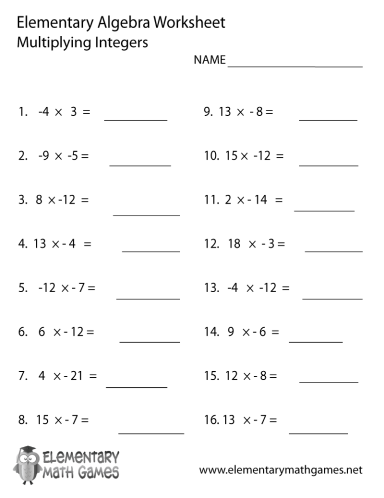 Free Printable Algebra Multiply Integers Worksheet