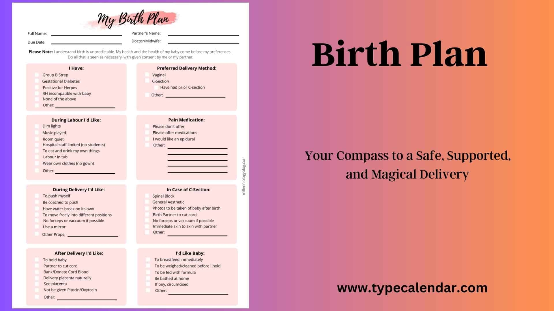 Printable Birth Plan Worksheet
