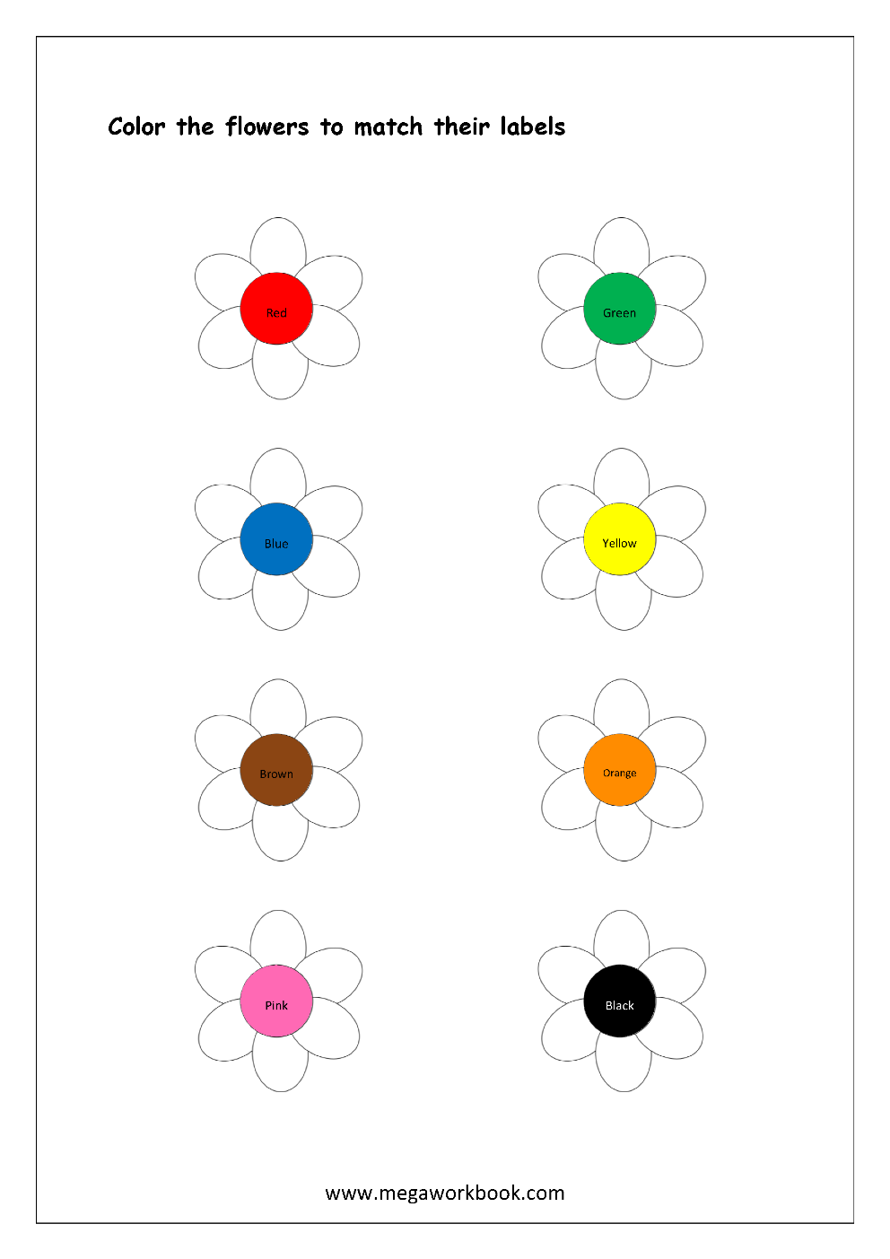 Free Printable Color Recognition Worksheets Color By Matching Hint Color MegaWorkbook