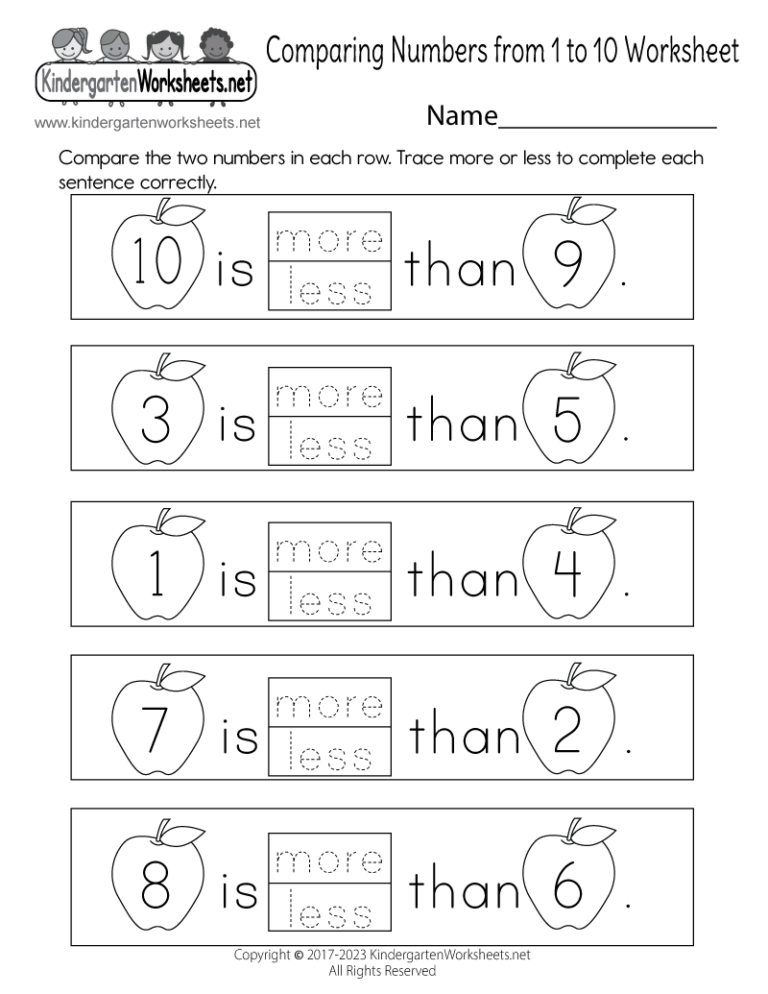 Free Printable Comparing Numbers From 1 To 10 Worksheet