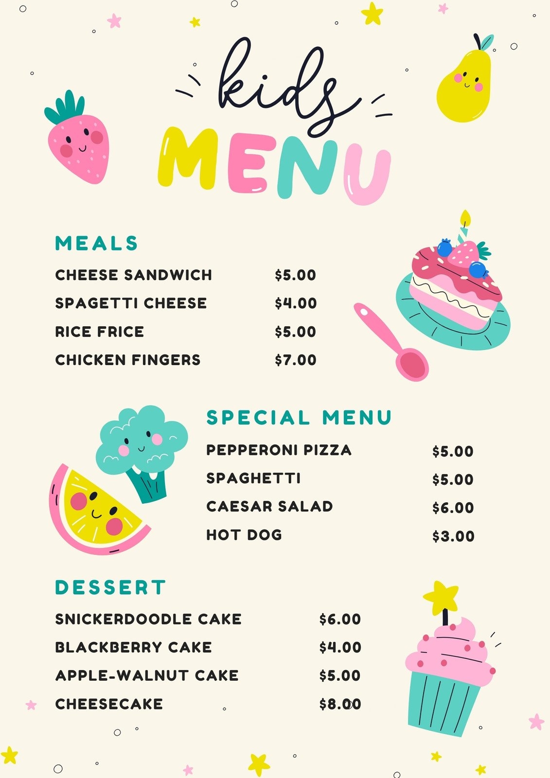 Free Printable Customizable Kids Menu Templates Canva