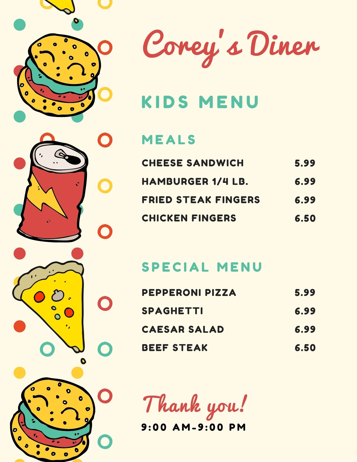 Printable Preschool Menu Template