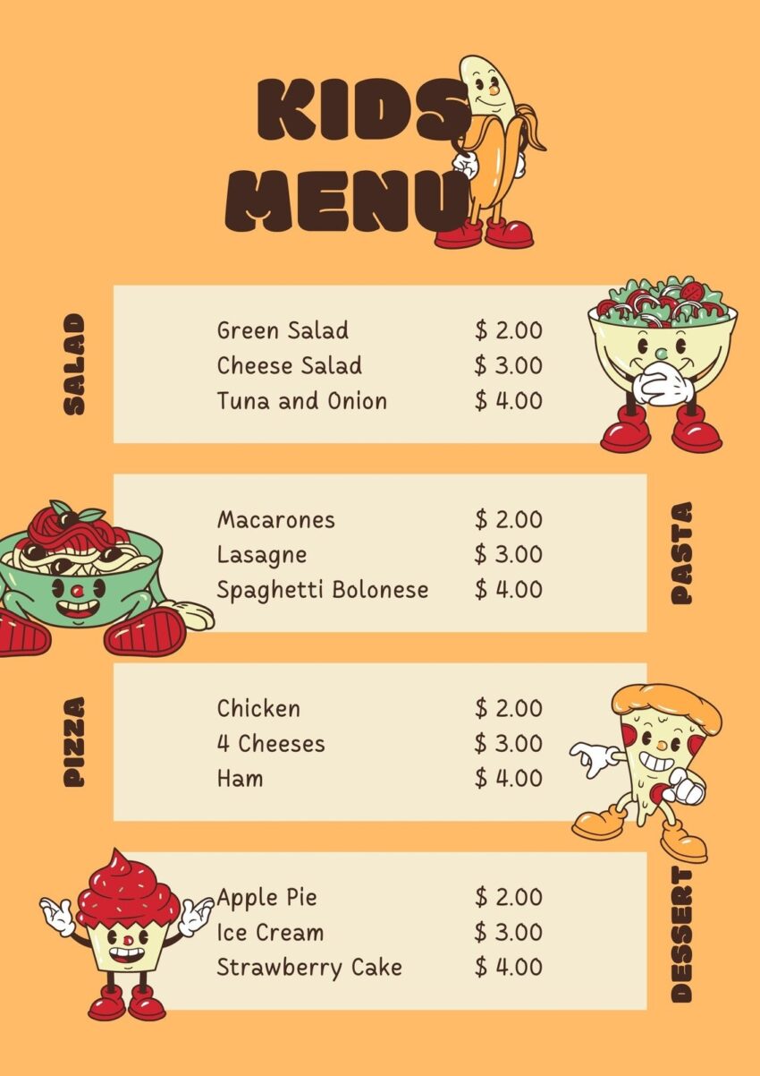 Free Printable Customizable Kids Menu Templates Canva
