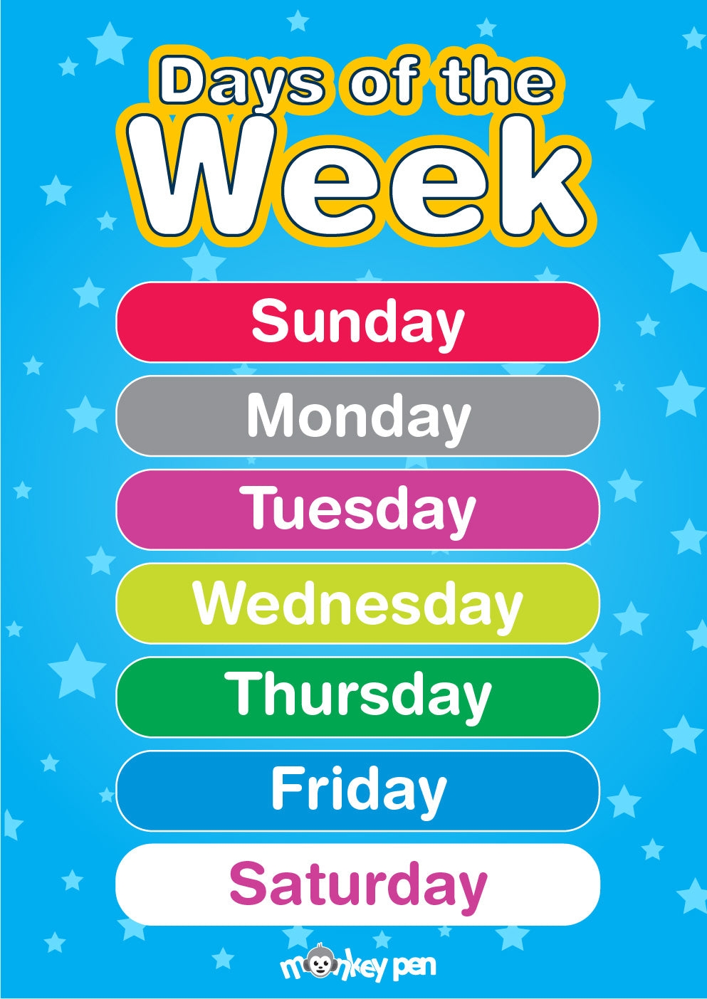 Free Printable Days Of The Week Educational Poster Monkey Pen 